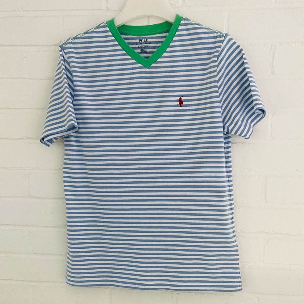 Boys Classic Ralph Lauren Blue And Green Striped V-Neck T-Shirt Size 14/16